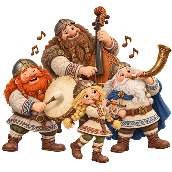 Fire vikinger som spiller tromme, kontrabass, fløyte og lur